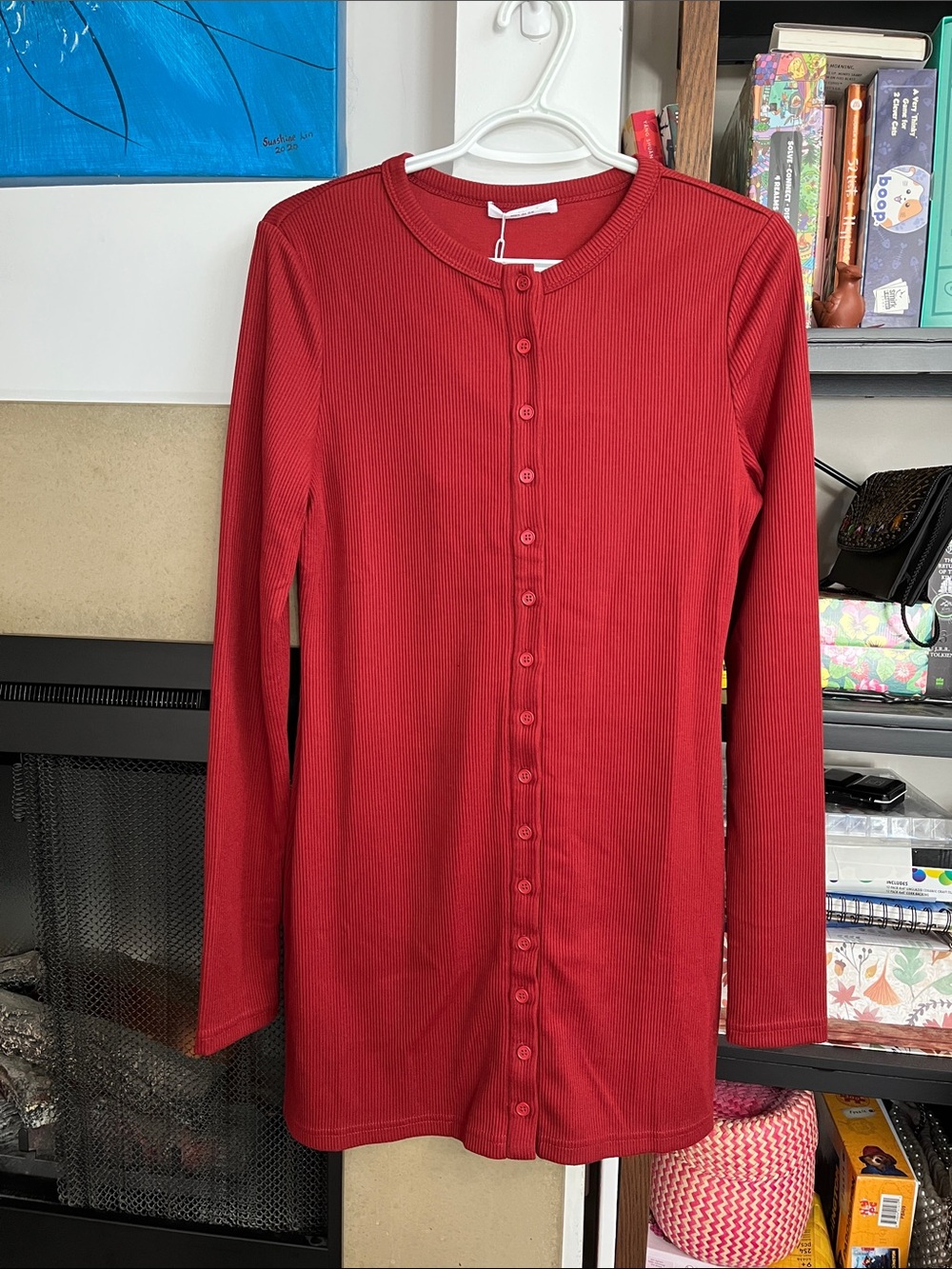 Peppermayo Ribbed Long-Sleeve Button-Front Red Mini Dress